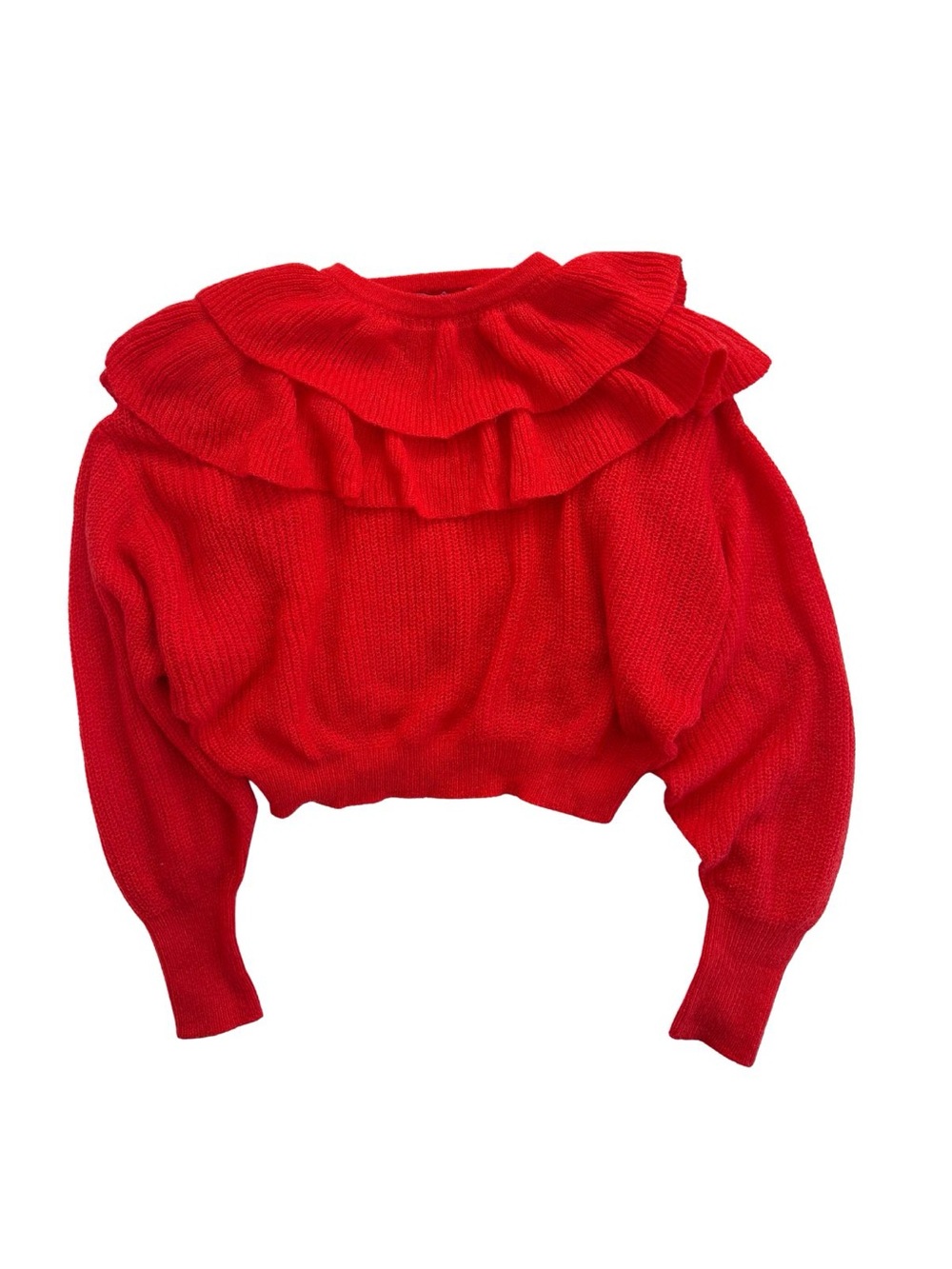 Zara Bright Red Cropped Knit Sweater with Ruffles Whimsical